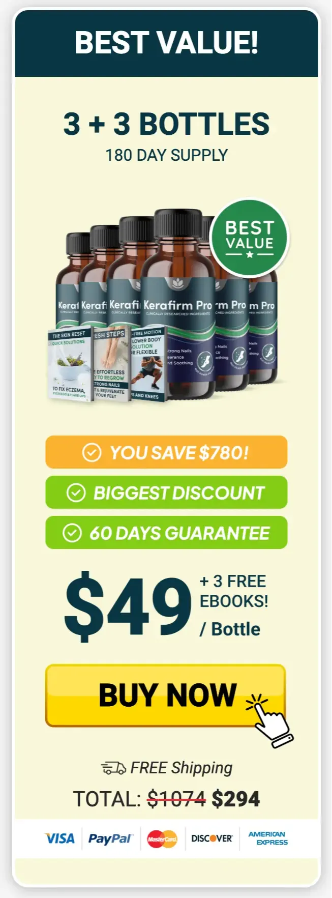 KeraFirm Pro 180-day best value pack, six bottles at $49 each with three free bonuses